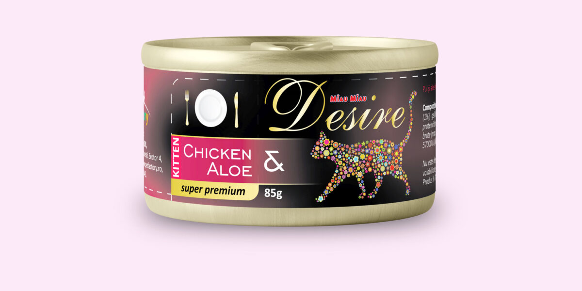 Conservă Pisici DESIRE Kitten Pui File și Aloe 85g